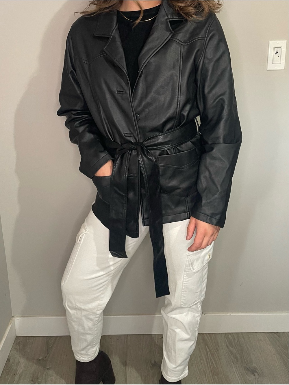 Vintage Le Château Vegan Leather Belted Jacket - Size Medium